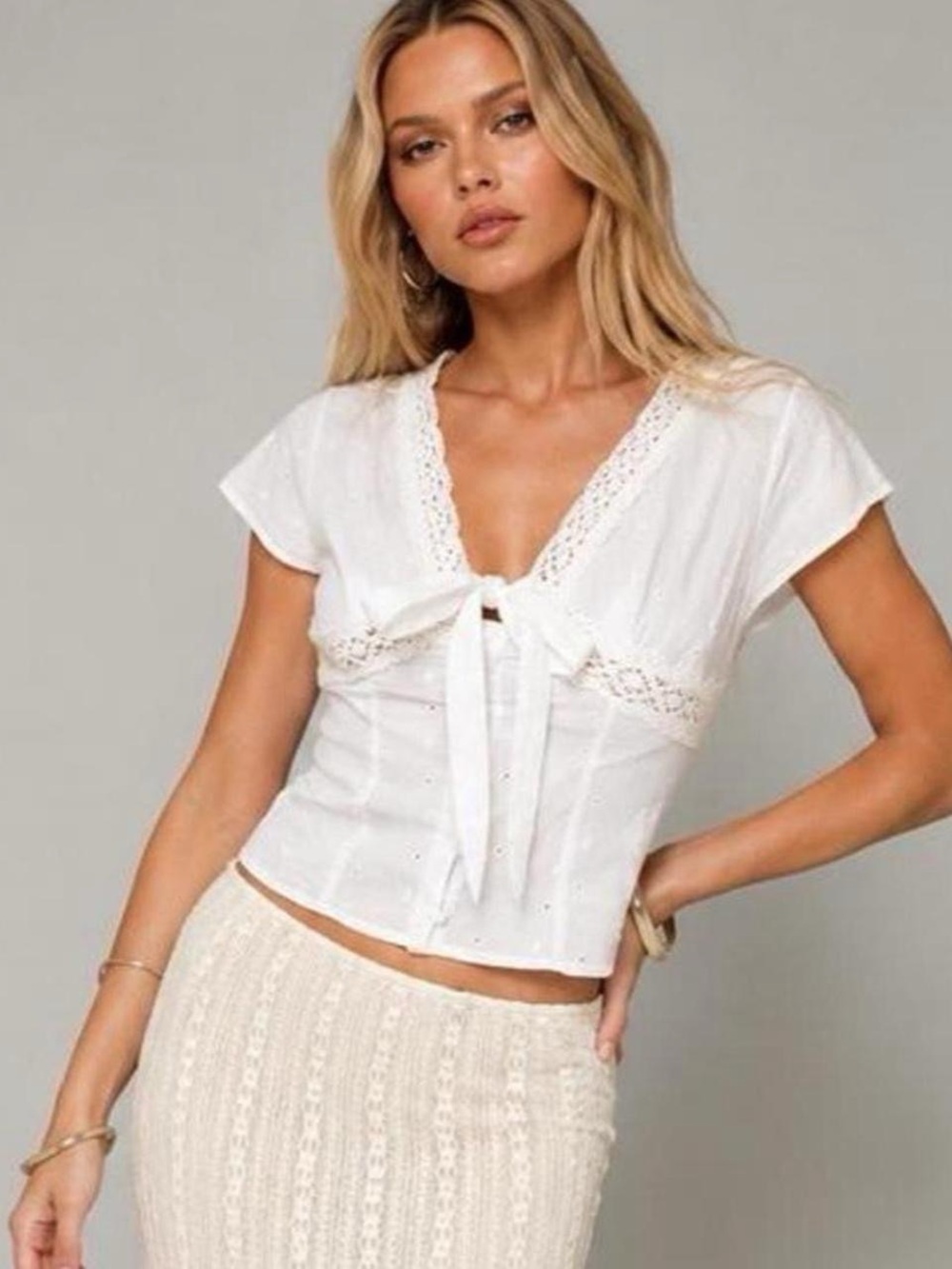 Princess Polly White Lace Trim Tie-Front Short Sleeve Top